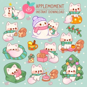 Carino Kawaii stampabile adesivi digitali Clipart animale volpe artica, PNG, commerciale