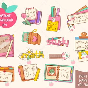 Puede incluir: Un conjunto de 10 pegatinas imprimibles coloridas con ilustraciones de temática matemática y de estudio. Las pegatinas incluyen una calculadora, una regla, un lápiz, un cuaderno, una carpeta y una flor. Las pegatinas son perfectas para añadir un toque de personalidad a tu agenda, tu portátil o tu botella de agua.