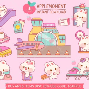 Süße Kawaii druckbare digitale Aufkleber Clipart Häschen Am Flughafen, PNG, kommerziell
