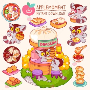 Cute Kawaii Printable Digital Stickers Clipart Lemurs Dimsum Shop, PNG, Commercial