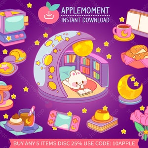 Süße Kawaii druckbare digitale Aufkleber Clipart Weltraum Bibliothek Häschen, PNG, Goodnotes, kommerziell