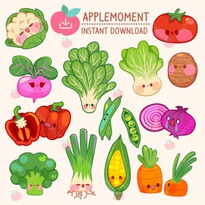 Cute Kawaii Printable Digital Stickers Clipart of colorful Vegetable, PNG, Commercial