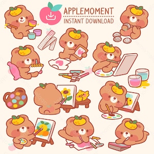 Schattig Kawaii afdrukbare digitale stickers clipart illustratie kunstenaar Bear Art Set, PNG, commercieel