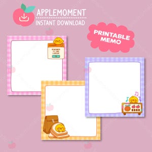 May include: A collection of printable memo pads with a pink background. The pads have gingham borders in pink, yellow, and purple. Each pad features a cartoon chick and the text "Printable Memo". The image also includes the text "Applemoment Instant Download".