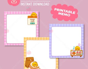 May include: Three square printable memo sheets with gingham borders in pink, yellow, and purple. The pink sheet features a reminder pop-up window with a chick. The yellow sheet shows a chick with bread. The purple sheet displays a chick with a radio.