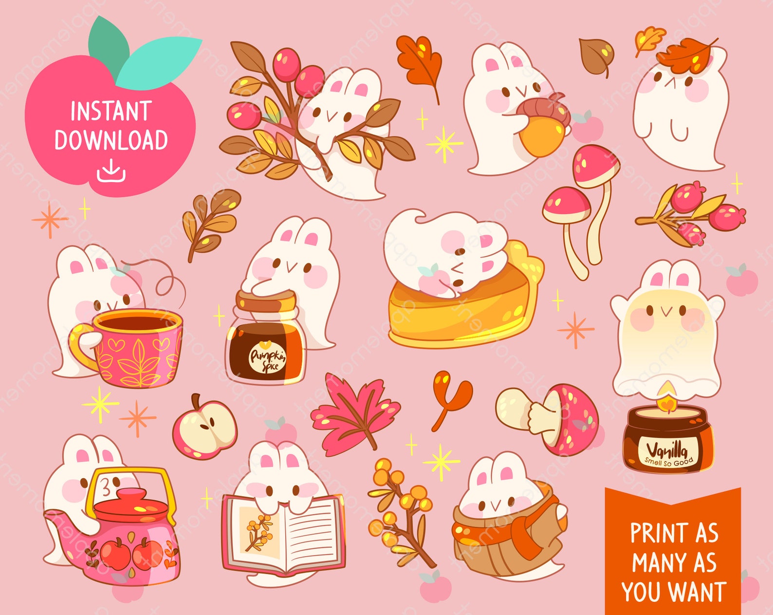 Cute Kawaii Printable Digital Stickers Clipart Cozy Fall Autumn Bunny Ghost, Red and Pink ...