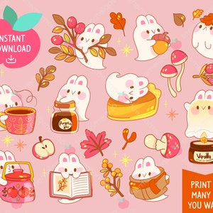 Cute Kawaii Printable Digital Stickers Clipart Cozy Fall Autumn Bunny Ghost, Red and Pink, Printable Planner Stickers, PNG, Commercial