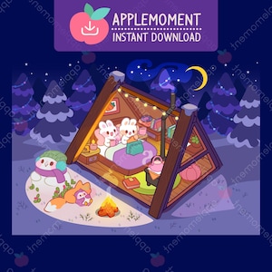 Süße Kawaii druckbare digitale Kunst Druck Clipart Warme Winter Tiere Film Nacht, PNG, Werbung