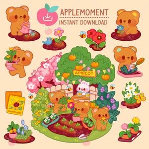 Cute Kawaii Printable Digital Stickers Clipart Animal Bear Gardening, PNG, Commercial