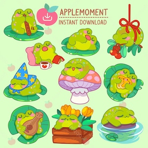 Stickers numériques imprimables kawaii mignons Clipart animaux paresseux grenouilles à l'étang, PNG, commercial