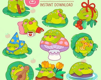 Kawaii Frosch Clipart Aufkleber, Lazy Pond Frösche (PNG Digital Download)