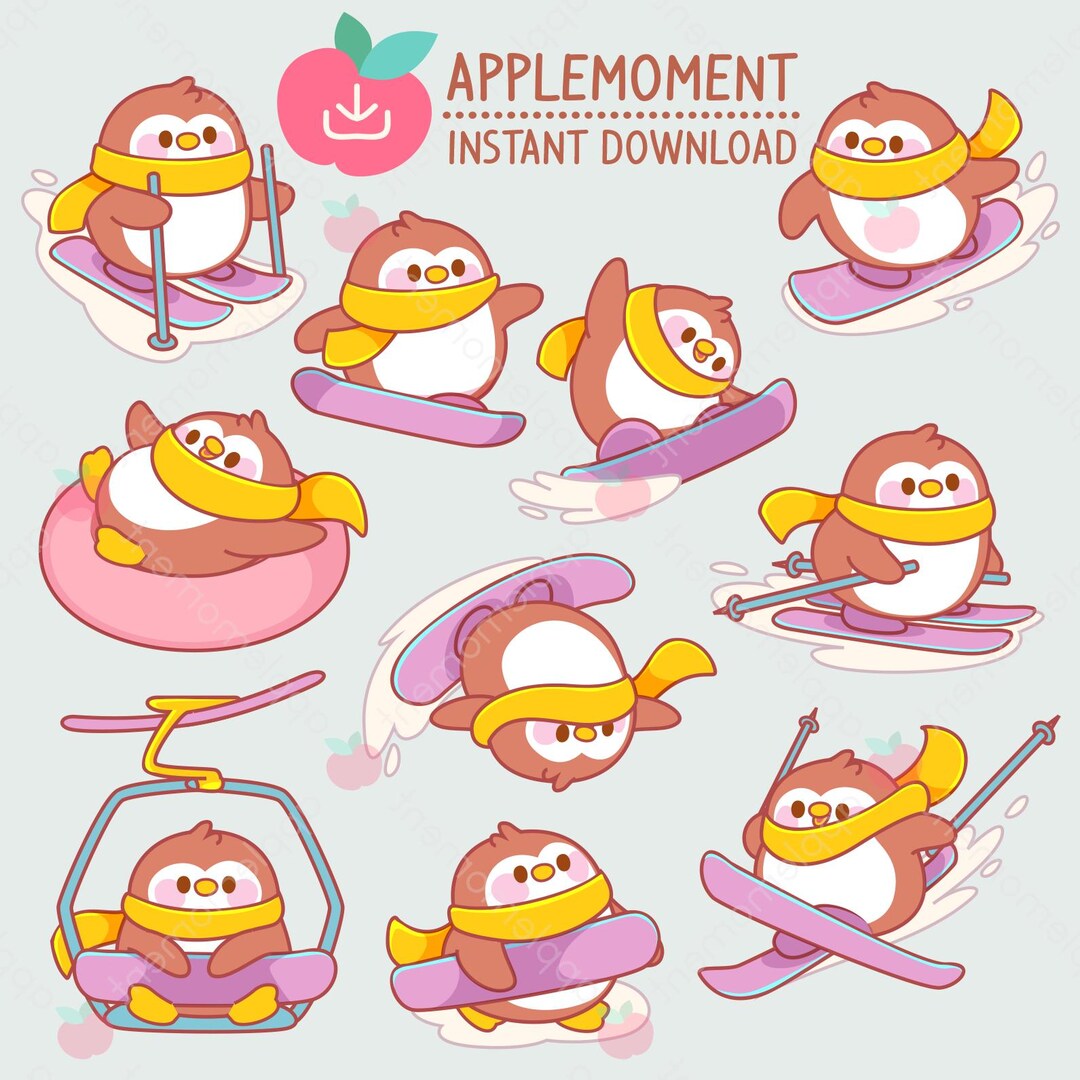 Kawaii Winter Penguin Clipart Stickers: Skiing Animals (PNG Digital ...