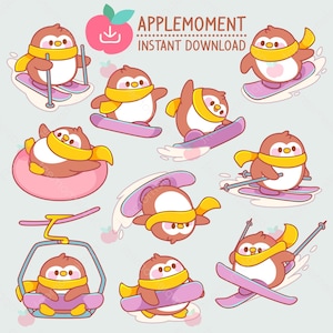 Adesivos digitais fofos para impressão Kawaii Clipart Animais Inverno Pinguim Esqui, PNG, Comercial