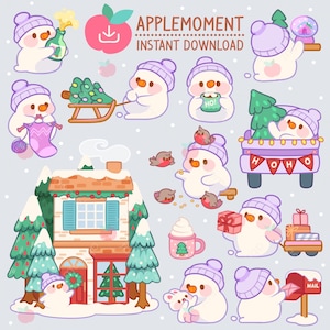 Stickers numériques imprimables kawaii mignons Clipart bonhomme de neige hiver maison, PNG, commercial