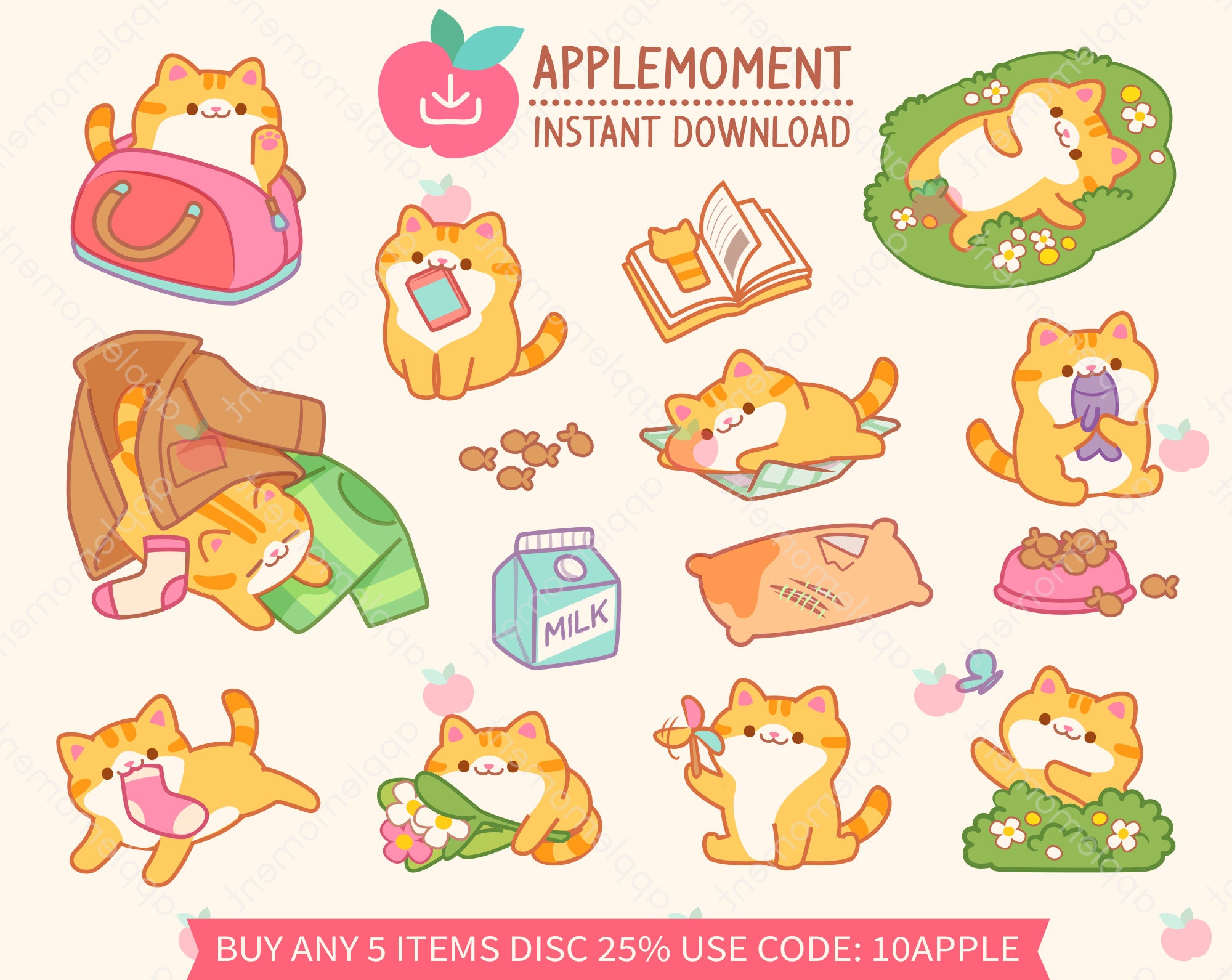 Cute Kawaii Printable Digital Stickers Clipart Daily Cat Life, PNG, Goodnotes, Commercial
