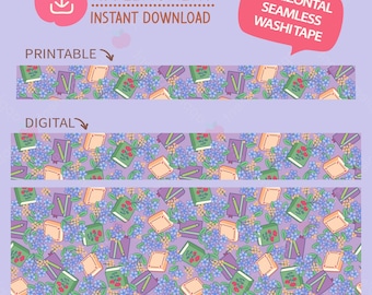 Kawaii Bücher und Blumen Horizontales Nahtloses Washi Tape Set, Druckbare PNG Dateien (Digitaler Download)