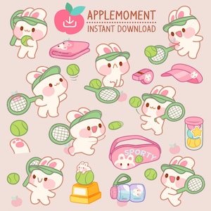 Süße Kawaii druckbare digitale Aufkleber Clipart sportliches Häschen, das Tennis spielt, PNG, kommerzielle