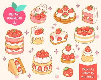Cute Kawaii Printable Digital Clipart Rainbow Strawberry Bunny Rabbit, Cake and Dessert, Printable Planner Stickers, PNG, Commercial