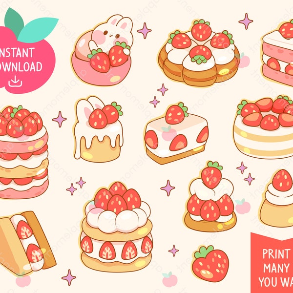 Cute Kawaii Printable Digital Clipart Rainbow Strawberry Bunny Rabbit, Cake and Dessert, Printable Planner Stickers, PNG, Commercial