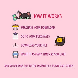 Puede incluir: Un fondo rosa con una ilustraci&oacute;n de un gato negro y un pollito amarillo. El texto "HOW IT WORKS" est&aacute; en negrita, en letras rosas. El texto "PURCHASE YOUR DOWNLOAD", "GO TO YOUR PURCHASES", "DOWNLOAD YOUR FILE", y "PRINT IT AS MANY TIMES AS YOU LIKE!" est&aacute; en letras negras. El texto "AND NO REFUNDS DUE TO THE INSTANT FILE DOWNLOAD, SORRY!" est&aacute; en letras negras.