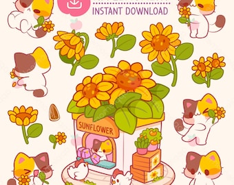 Kawaii Sonnenblumen-Katzen-Clipart-Sticker, kommerzielle Nutzung (digitaler Download)