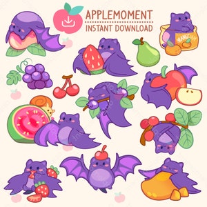 Lindo Kawaii Imprimible Digital Pegatinas Clipart Fruit Bat, PNG, Comercial