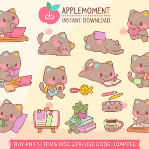 Lindo Kawaii Imprimible Digital Pegatinas Clipart Ilustración Estudio Kitty Cat, PNG, Comercial