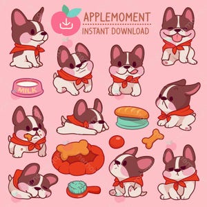 Adesivos digitais fofos para impressão Kawaii Clipart Bulldogues franceses, PNG, Comercial