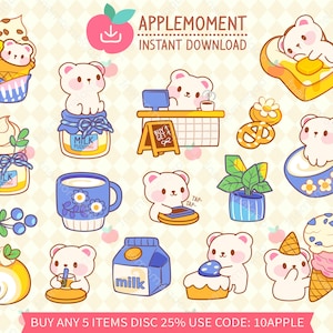 Schattig Kawaii afdrukbare digitale stickers clipart illustratie Polar Bear Milk Cafe, PNG, commercieel