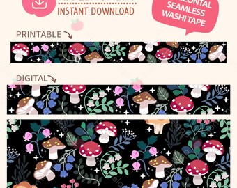 Kawaii Mushroom Washi Tape Set, Printable Stationery (PNG Files)