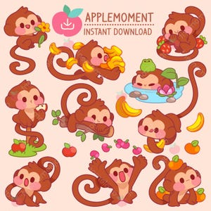Lindas pegatinas digitales imprimibles kawaii, clipart de animales, frutas, monos, PNG, comerciales