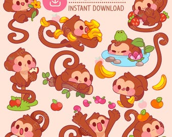 Pegatinas de monos kawaii, gráficos PNG (descarga digital)