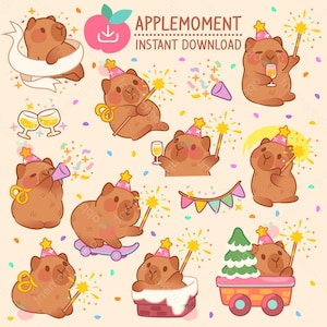 Carino Kawaii stampabile adesivi digitali Clipart Capodanno Capibara, PNG, Commerciale