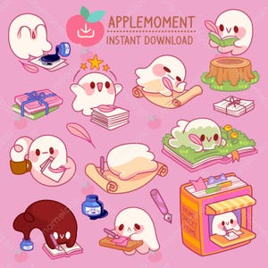 Kawaii Ghost Clipart-klistermärken, PNG-grafik (digital nedladdning) bild 1