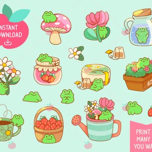 Kawaii Frog Garden Clipart Stickers: Rainbow Tea Party (PNG Digital Download)