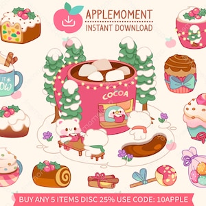Lindo Kawaii Imprimible Digital Pegatinas Clipart Animal Invierno Chocolate Marshmallow Café Pingüino y Oso Polar, PNG, Goodnotes, Commercia