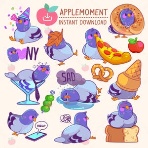 Lindas pegatinas digitales imprimibles kawaii, clipart de palomas de Nueva York, PNG, comercial