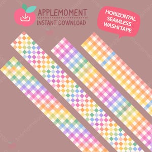 Puede incluir: Varios rollos de cinta washi con estampado de cuadros en tonos pastel de amarillo, verde, azul y rosa. La imagen incluye el texto "APPLEMOMENT INSTANT DOWNLOAD" y "HORIZONTAL SEAMLESS WASHI TAPE."