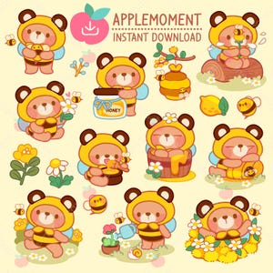Süße Kawaii druckbare digitale Aufkleber Clipart Tiere Biene Bär und Bienen, PNG, kommerziell