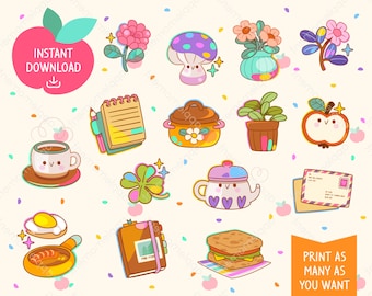 Kawaii Küche Clipart Aufkleber: Regenbogen Blumen Journal (PNG, digitaler Download)