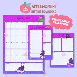 May include: A set of printable planners with a purple theme. The planners include a monthly plan, weekly plan, and a daily plan. The planners have illustrations of a raven, a skull, and an apple. The text on the planners includes "Monthly Plan", "Weekly Plan", and "A Plan".