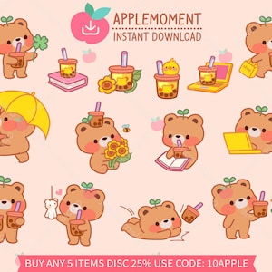 Stickers numériques imprimables kawaii mignons Clipart Illustration Daily Brown Boba Bear, PNG, Commercial