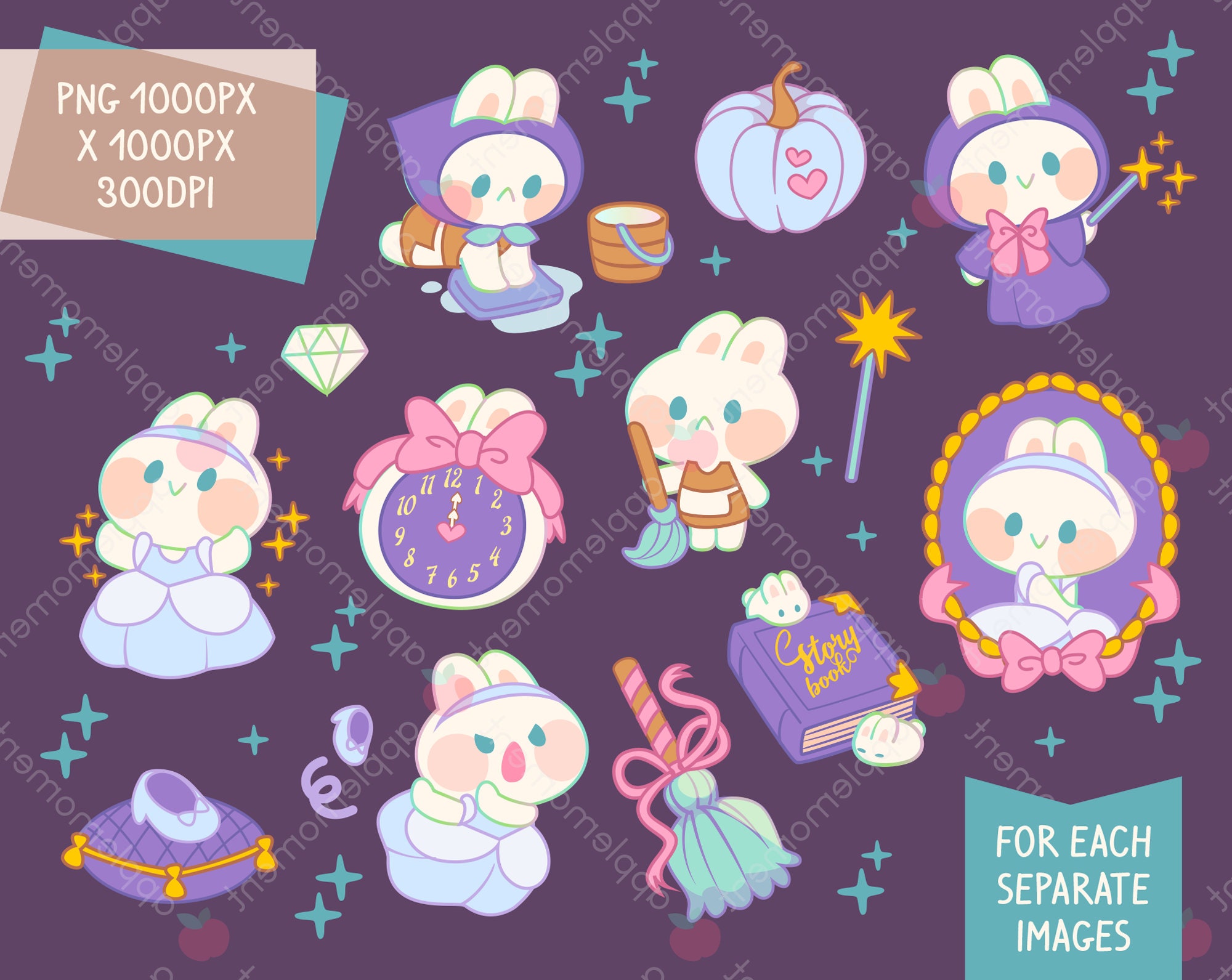 Cute Kawaii Printable Digital Stickers Clipart Cinderella Rainbow Bunny ...