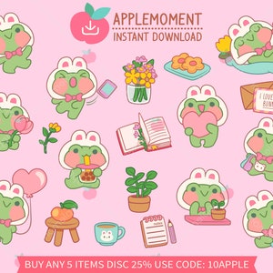 Süße Kawaii druckbare digitale Aufkleber Clipart Illustration Frosch Hase, PNG, kommerziell