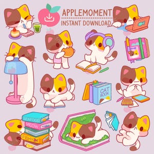 Süße Kawaii druckbare digitale Aufkleber Clipart Studie Bücherwurm, PNG, kommerziell