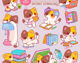 Kawaii Studie Katze Clipart Aufkleber, PNG Datei für Kommerzielle Nutzung