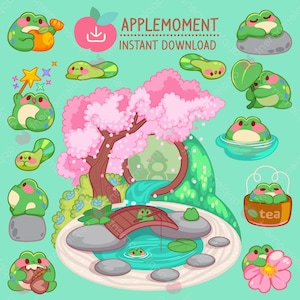 Süßer Kawaii druckbare digitale Aufkleber Clipart Frosch in einem Zengarten, PNG, kommerzielle