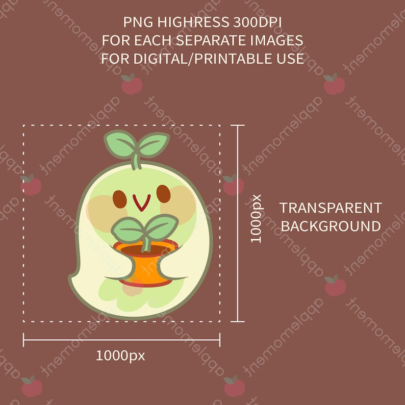 May include: A cute cartoon character with a light green body and a smiling face, holding a small orange pot with a green plant. The image includes text: PNG HIGHRESS 300DPI, FOR EACH SEPARATE IMAGES, FOR DIGITAL/PRINTABLE USE, and TRANSPARENT BACKGROUND.