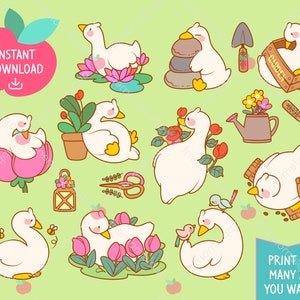 Mignon Kawaii imprimable numérique autocollants Clipart Cottagecore jardin oie blanche canard abeille oiseau, planificateur imprimable, PNG, Commercial