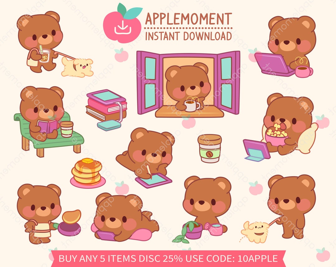 Cute Kawaii Printable Digital Stickers Clipart Daily Bear and Pet Dog ...